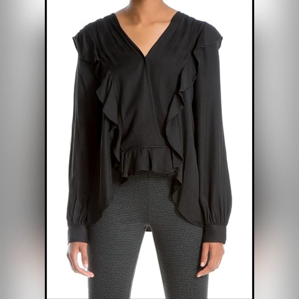 Max Studio Black Puff Sleeve Ruffled Blouse